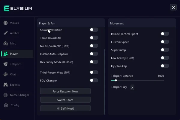 Hood Warfare 2 player menu - third-person view, force respawn, switch team, fly no-clip