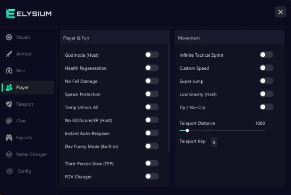 Hood Warfare 2 player menu - godmode, instant auto-respawn, infinite tactical sprint, super jump